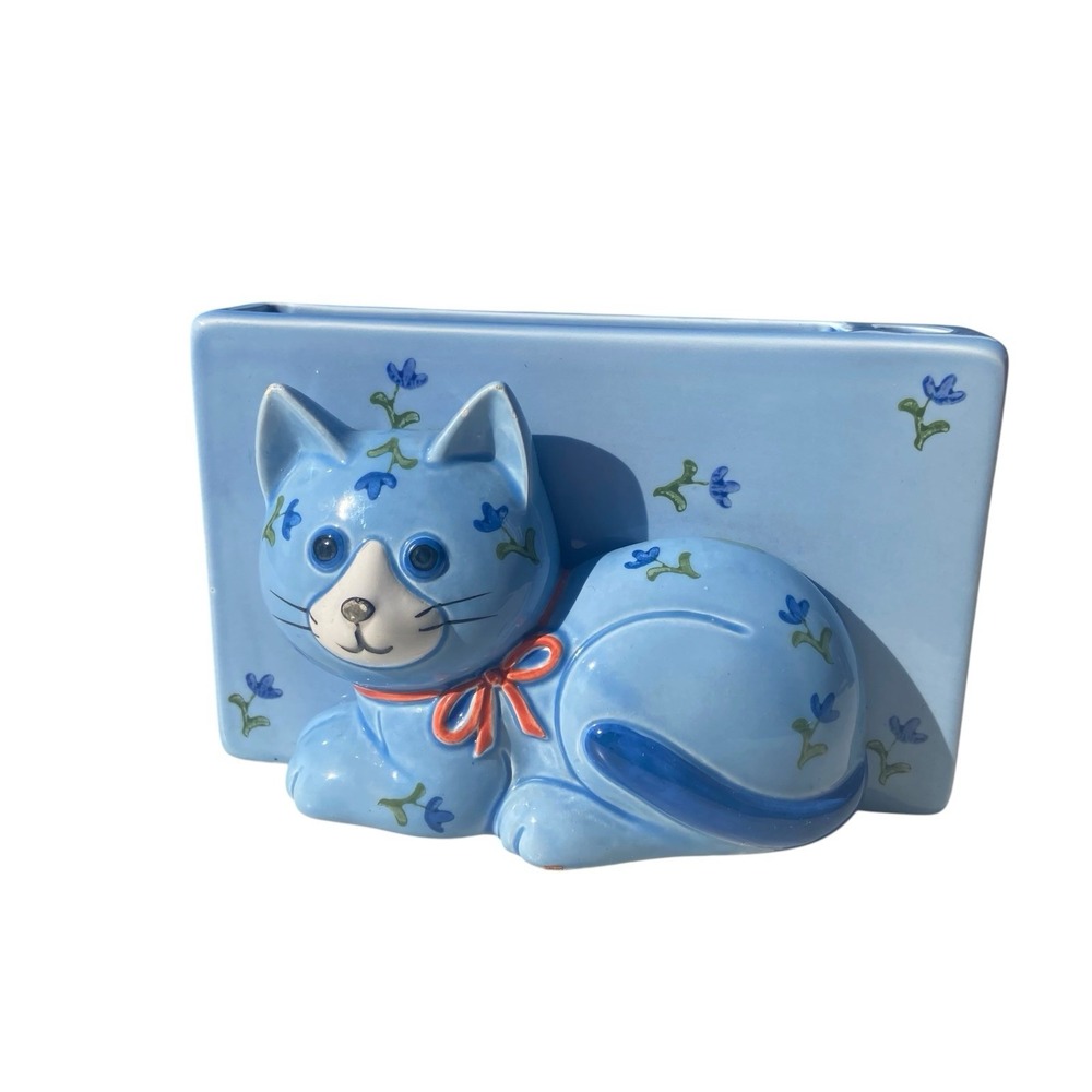 Vintage Otagiri Japan Ceramic Blue Floral Cat Kitty Stationary Pen Paper RARE